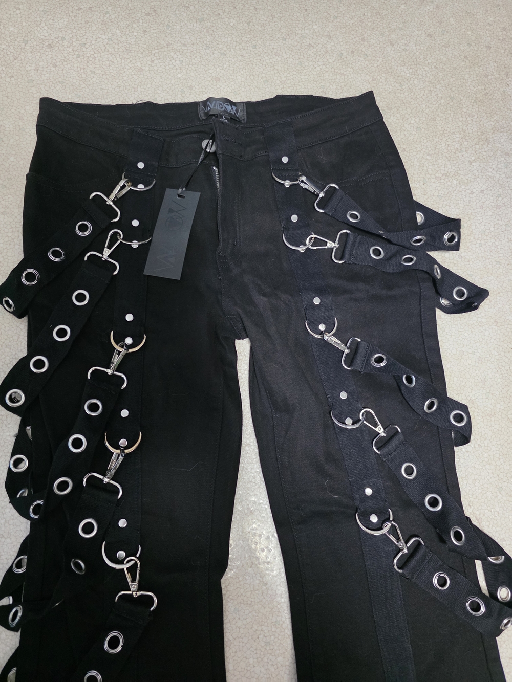 Dolls Kill- Widow- Black Flared Grommet Bondage Strap Pants- Sz L- NWT - Picture 3 of 12